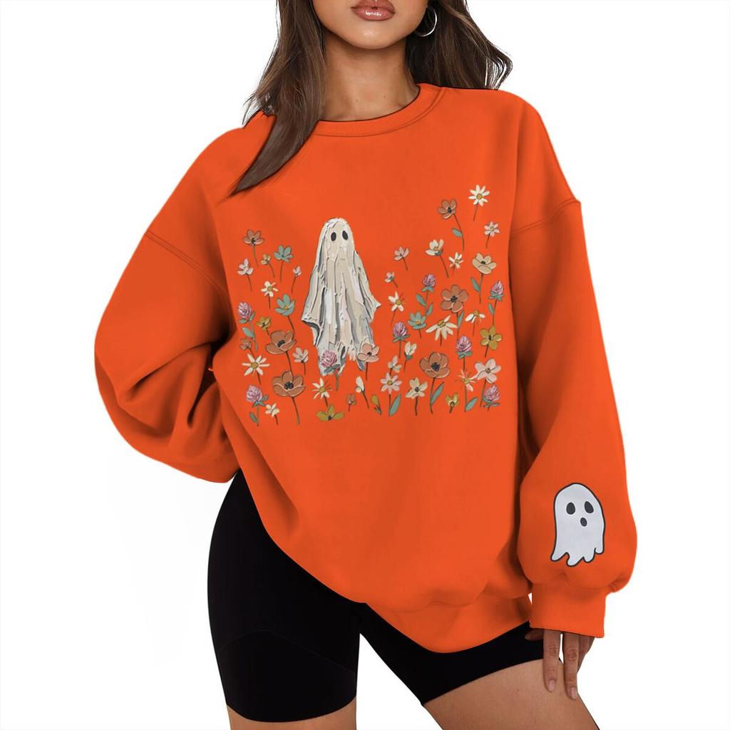 Vintage Halloween Floral Ghost Print Sweatshirt Women Men Crew Neck Long Sleeve Casual Pullover Halloween Sweatshirts Gifts