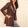 Noora Women's Lambskin Leather Brown Blazer, Casual Meeting Wear Blazer, Midi Coat Winter Blazer