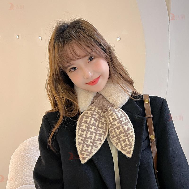 Women Plush Scarf Winter Windproof Warm Simple Plaid Cross Neckerchief For Winter Coat Dress