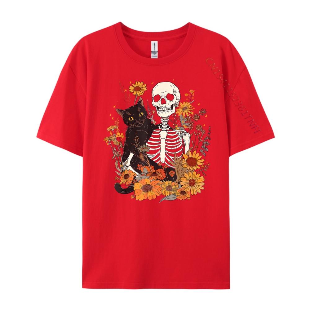 Cat Skeleton Flower Garden Halloween White Graphic Tee Breathable Original Mens TShirts Big And Tall Mothers Day