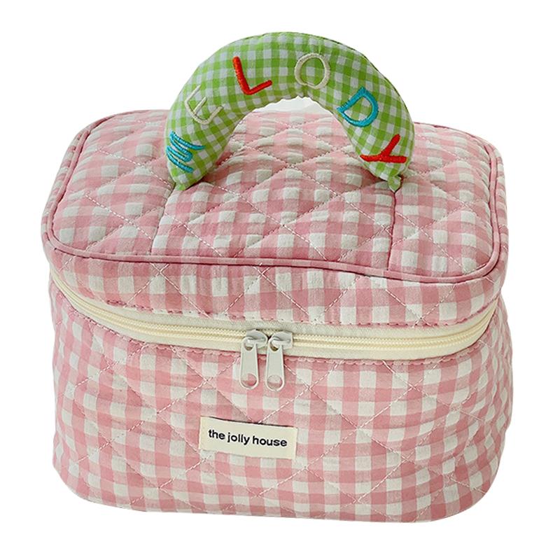 Lovely Grid Design Cosmetics Storage Bag Cloth Zipper Handbag Makeup Bag