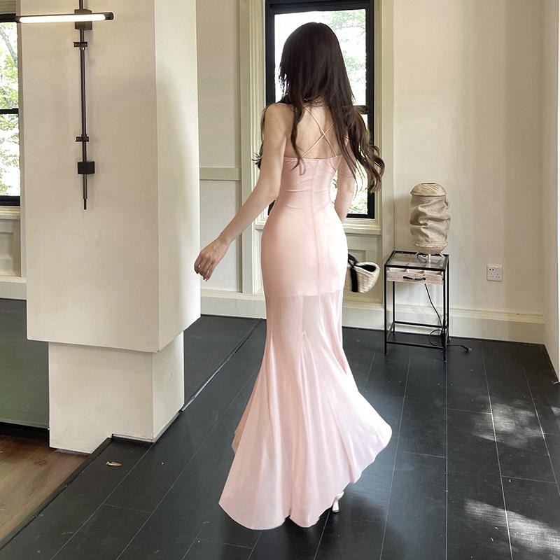 French Pure Desire Spice Girl Temperament Waist Suspender Dress Slim and Thin Design Pink Fishtail Hip Skirt