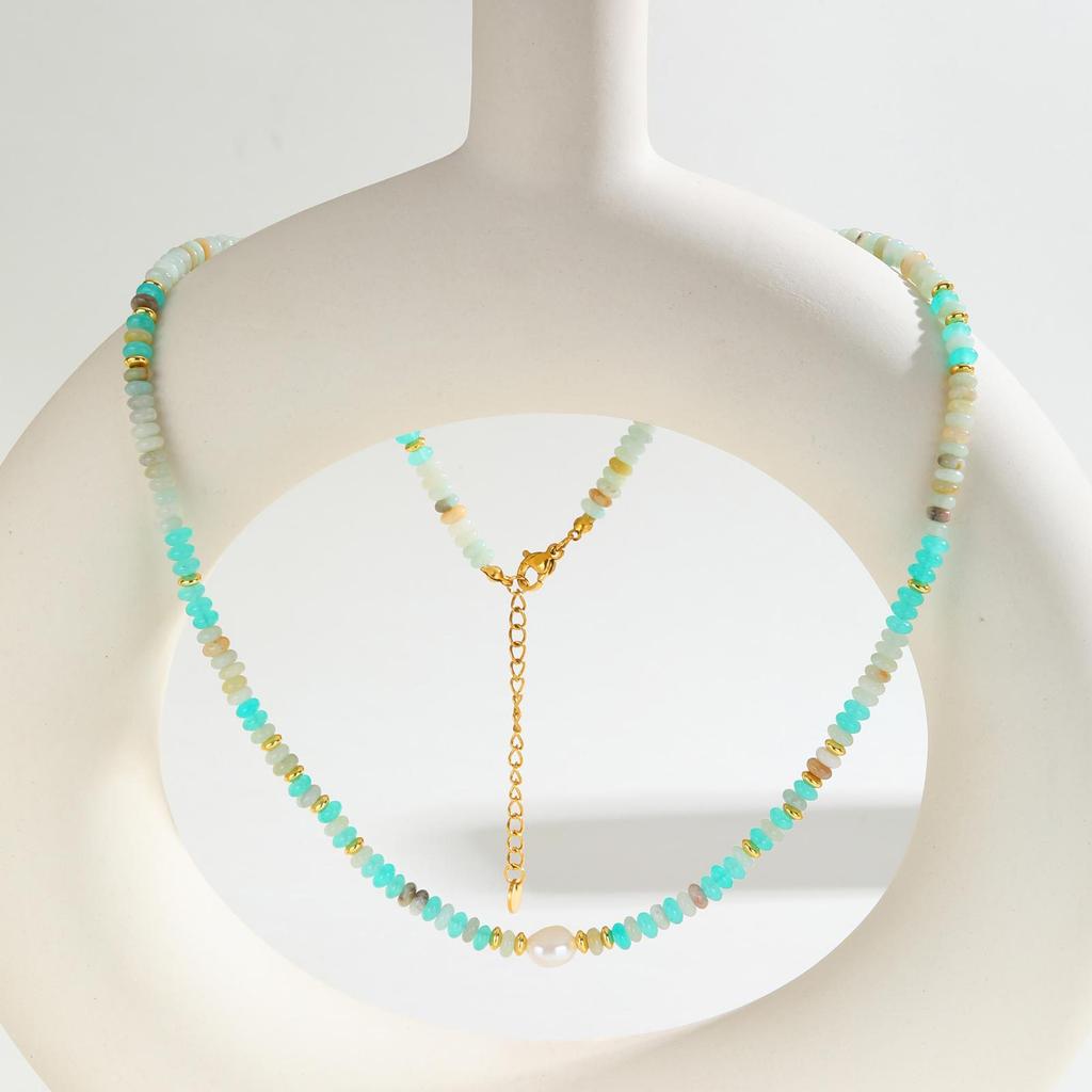 Jewelry, Stainless Steel Chain, Natural Stone Beaded Gold Necklace Ladies Nc-2296