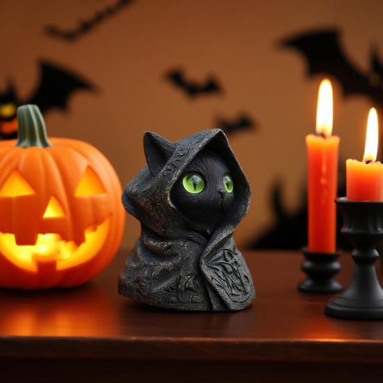 Hooded Cat Statue Resin Mysterious Black Cat Figurine Gothic Tabletop Mini Cat Sculpture Halloween Decoration Gift for Cat Lovers