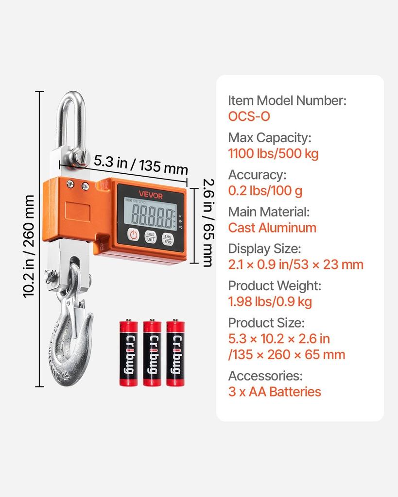 Digital Crane Scale, 1100 lbs/500 kg Max Capacity, Heavy Duty Industrial Hanging Scale with Cast Aluminum Case & LCD Display, 100 g Division & 3 Unit