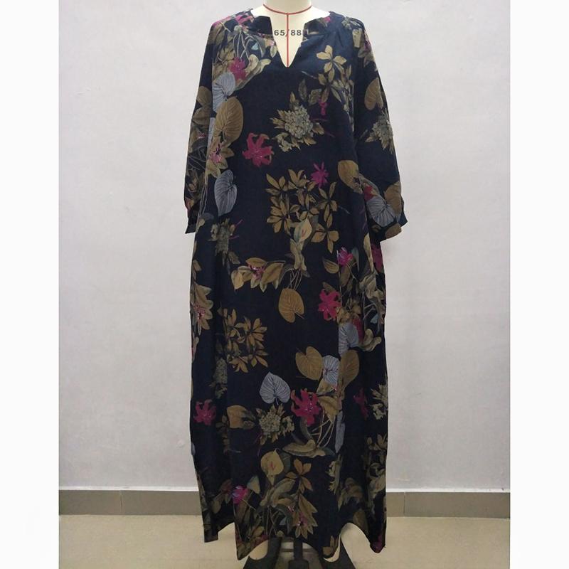 Cotton Linen Printed Plus Size Summer Dress Women V-neck Casual Loose Oversized Dress Woman Simple Vintage Floral Elegent Dresses 24363