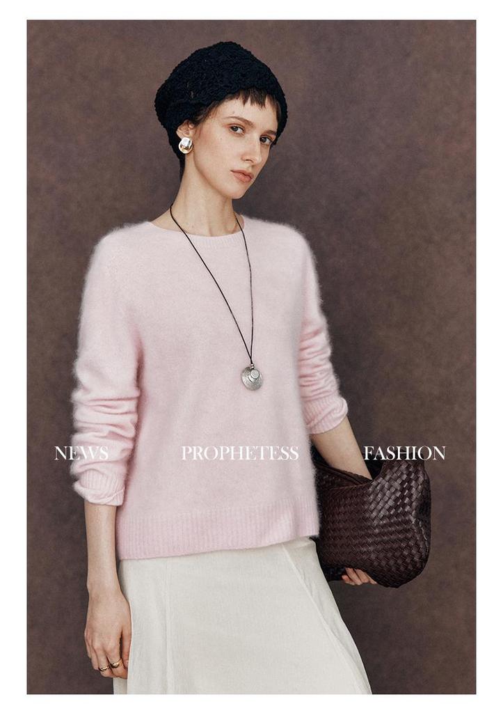 Seamless Wool-Cashmere Brushed V-Neck Round Neck Pink Sweater for Women