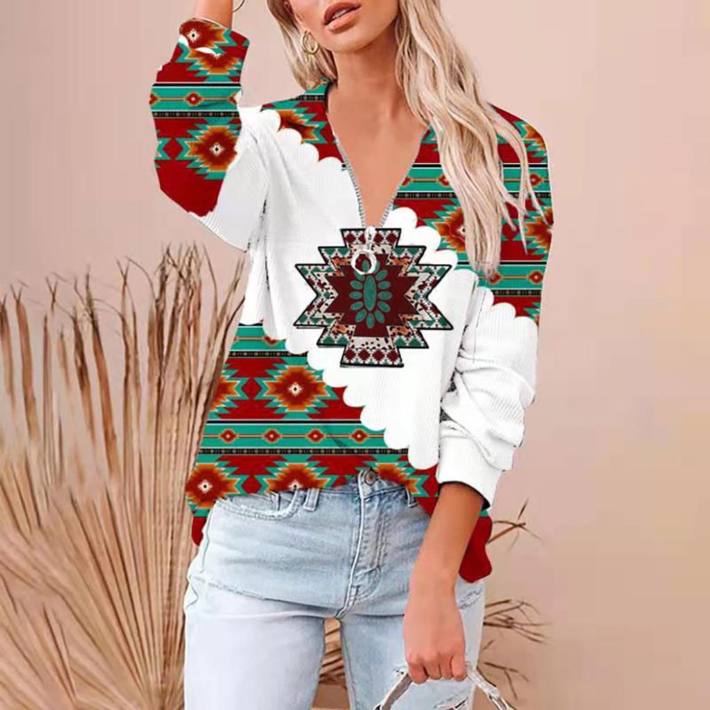 Ladies Casual Ethnic Print Fashion Large Size  V-neck Zipper Long-sleeved Blouse
