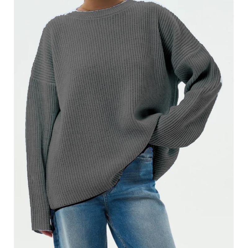 Solid color crew neck sweater spring and autumn loose knitted sweater top women pullover sweater women