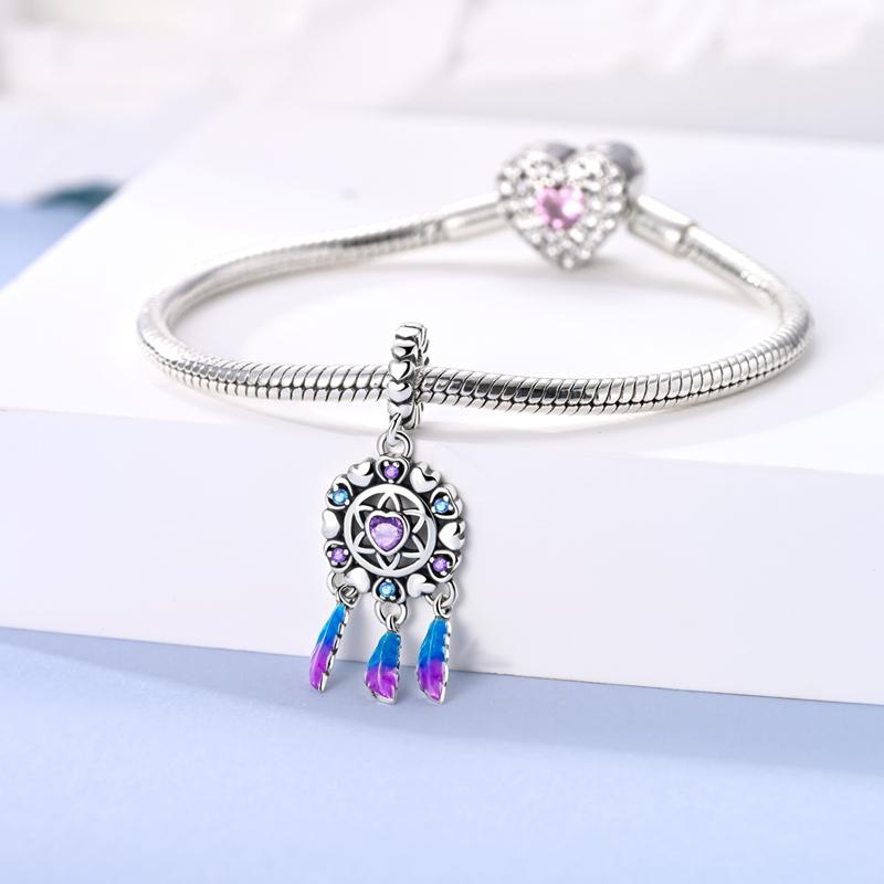 Original Kupfer Traumfänger Anhänger Farbige Federn Glücksperlen Passend für Armband Jubiläum Feines Geschenk Accessoire DIY