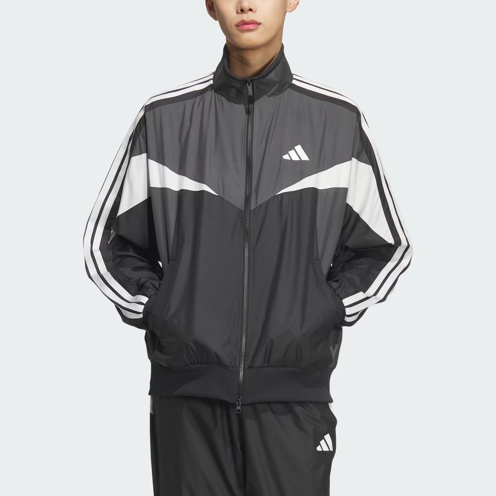 Adidas Roupa Desportiva Outono/Inverno 25 Essencial Solta Color Block Forro em Malha À Prova de Vento Respirável Jaqueta de Manga Comprida com Três Riscas Jaquetas Masculinas KF3677