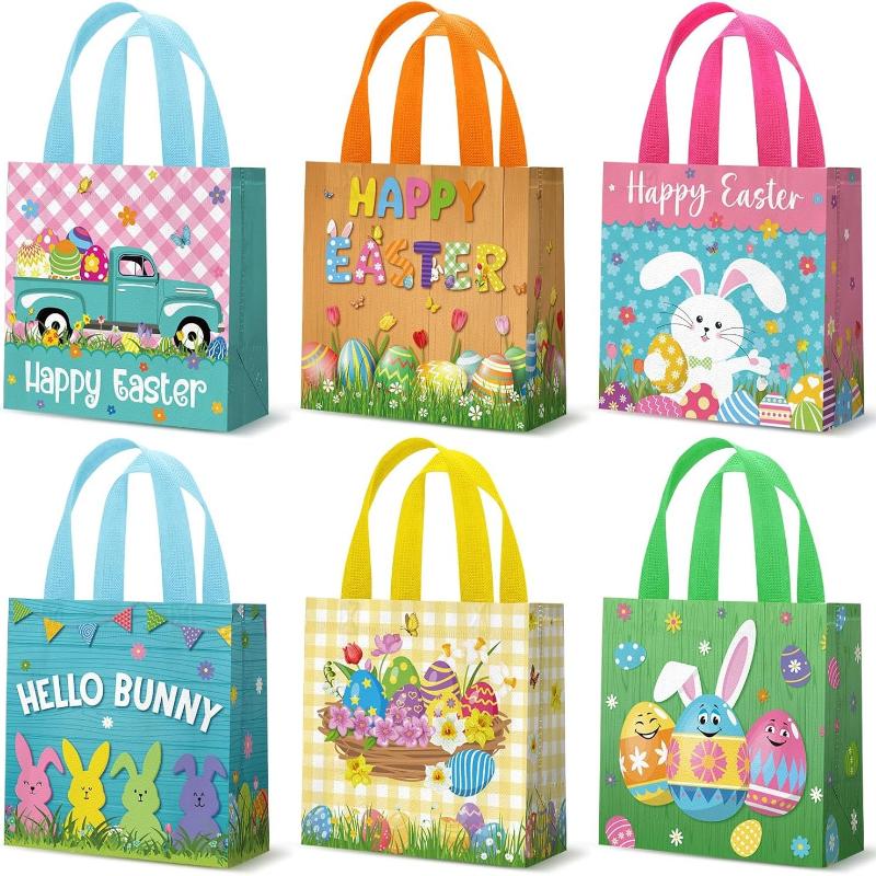 6 Pieces Easter Gift Bags Bulk Reusable Cute Easter Tote Bags with Handles Bunny Eggs Non Woven Holiday Goodie Basket