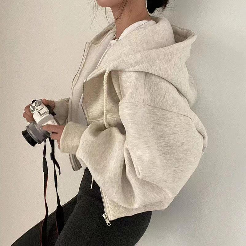 "2024 Autumn/Winter Women's Velvet Hooded Zipper Sweatshirt - Fashionable, Warm, Solid Color"
