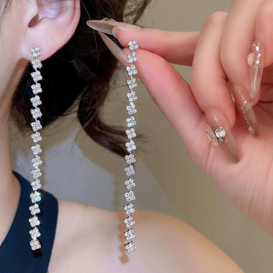 Diamond Inlaid Tassel Earrings - Silver Needle, High-End Court Style