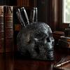 Dark Academia Desk Decor Halloween Skull Makeup Brush Holder, Matte Black Gothic Skeleton Pen Organizer Creative Desktop Accessories for Desk,