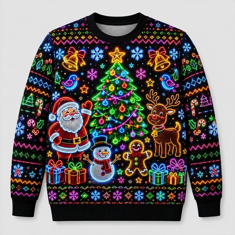 Maglione Brutto di Natale con Stampa al Neon per Uomo Moda Festiva Manica Lunga Felpe per Riunioni Pullover Oversize Casual