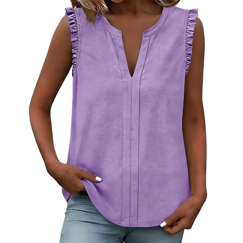 Damen Casual Tops Gerüschte Ärmellose Tops Lockere V-Ausschnitt Hemden Plissiertes Tanktop