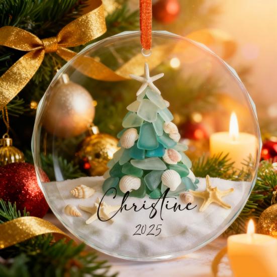 Sea Glass Christmas Ornaments Handcrafted Coastal Xmas Tree Ornament with Starfish Seashell Decor for Sea Lovers Holiday Party Decor