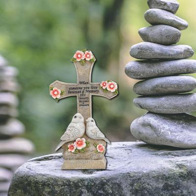 Cross and Lovebirds Statue with Solar Light 5.5x3.2x9.6inch Decorative Cemetery Decoration for