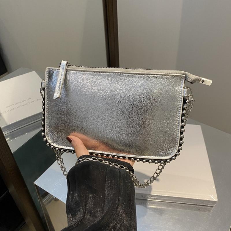 Fashion Street Pu Leather Underarm Tote Bag Rivet Korean Style Vintage Shoulder Bag Chain Strap Square Luxury Handbag Outdoor