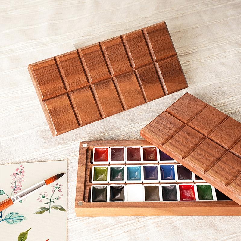 24 color walnut wood portable paint box, Solid wood watercolor paint box, Chocolate watercolor nail art color and box