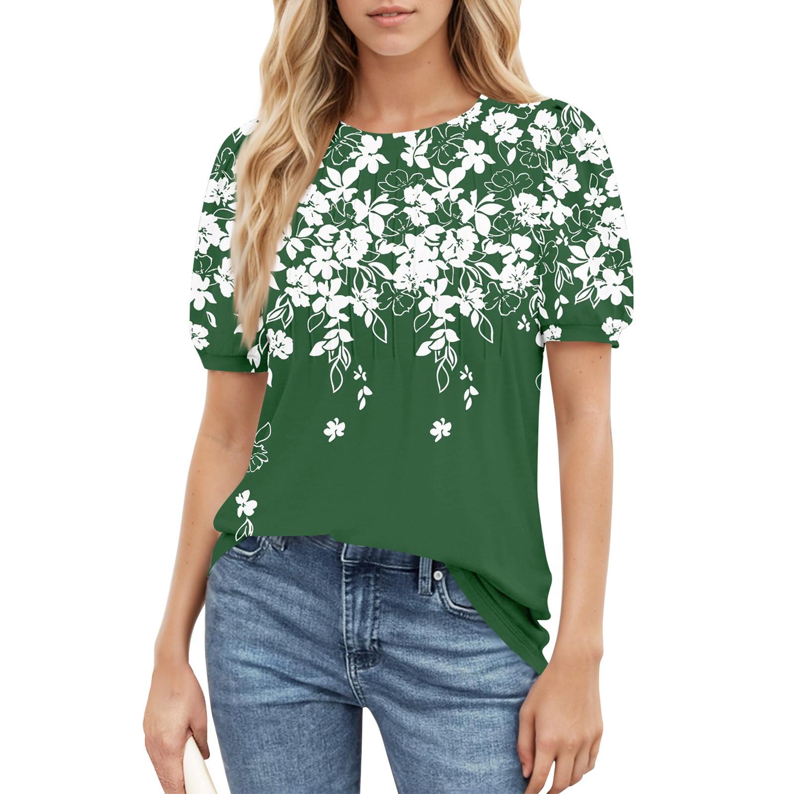 

Женский повседневный топ с круглым вырезом и коротким рукавом, с плиссировкой и расклешенными рукавами, с цветочным принтом XL