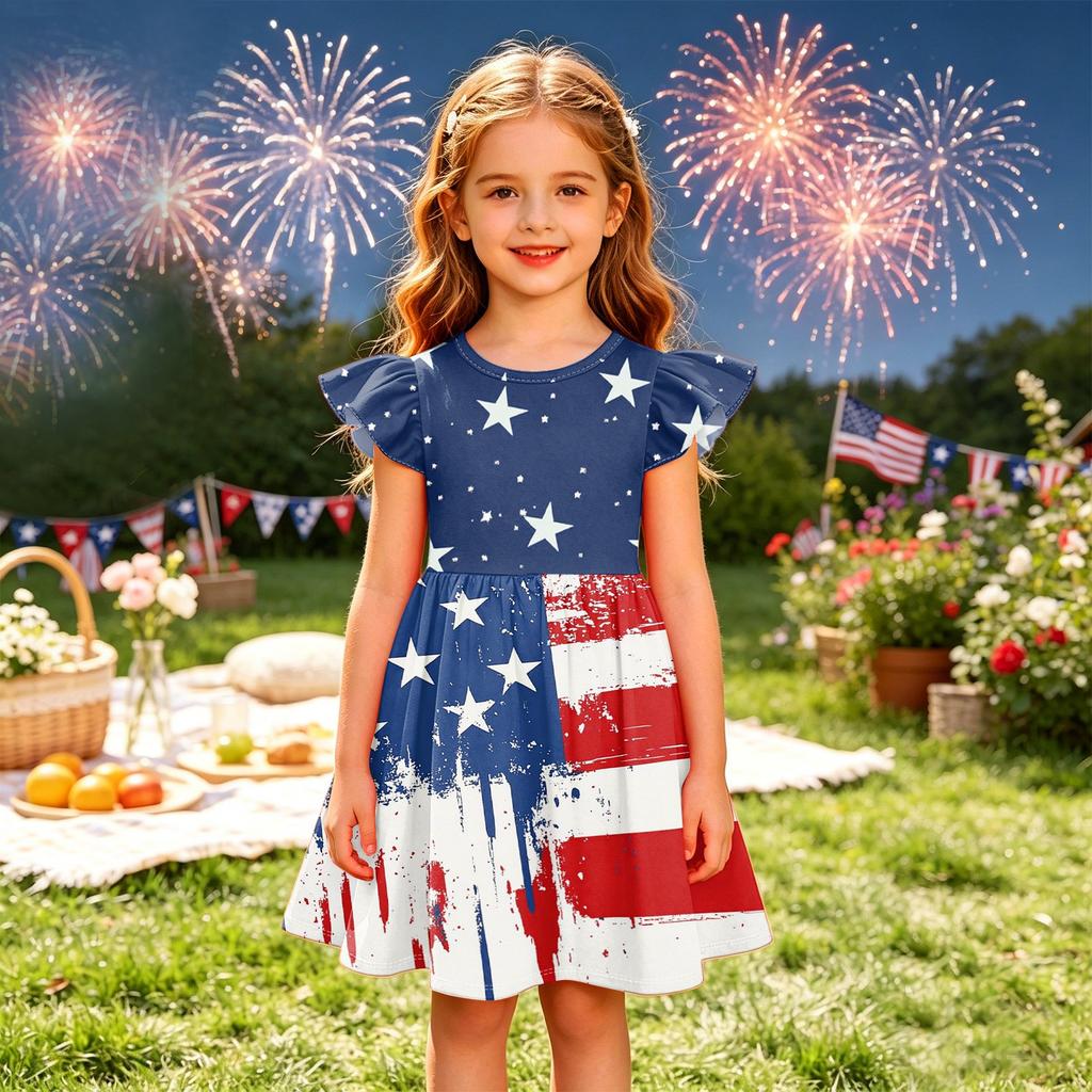 Girls Dress Flutter Sleeve Star Pattern Spliced Dress Casual Summer Dress Lightweight Soft Fabric Comfortable Fit