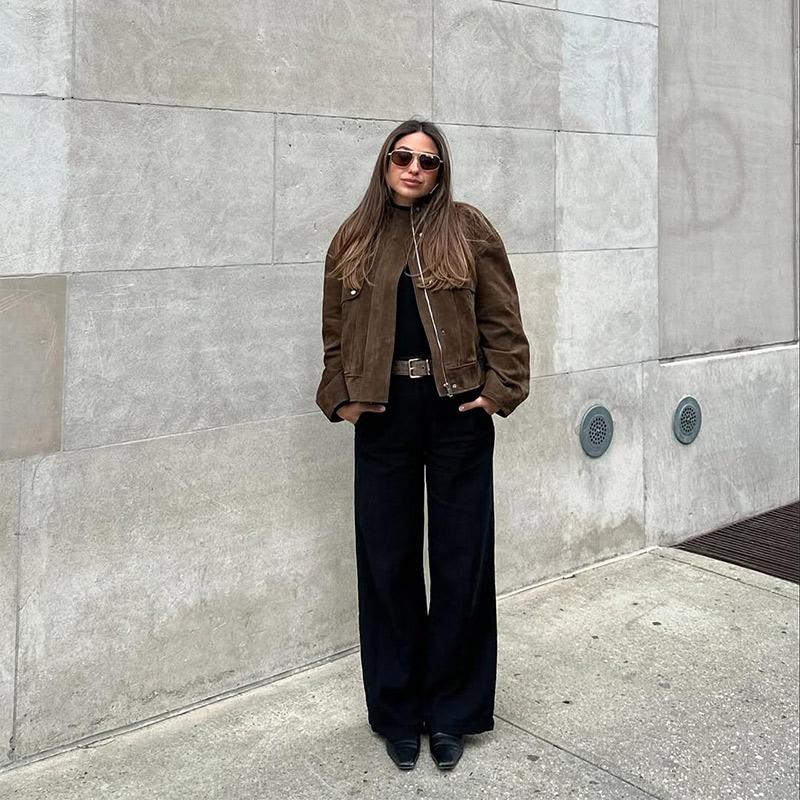 Vintage Women's Suede Bomber Jacket Fashion Lapel Zipper Full Sleeve Female Coats Spring Lady Elegant Casual Streetwear