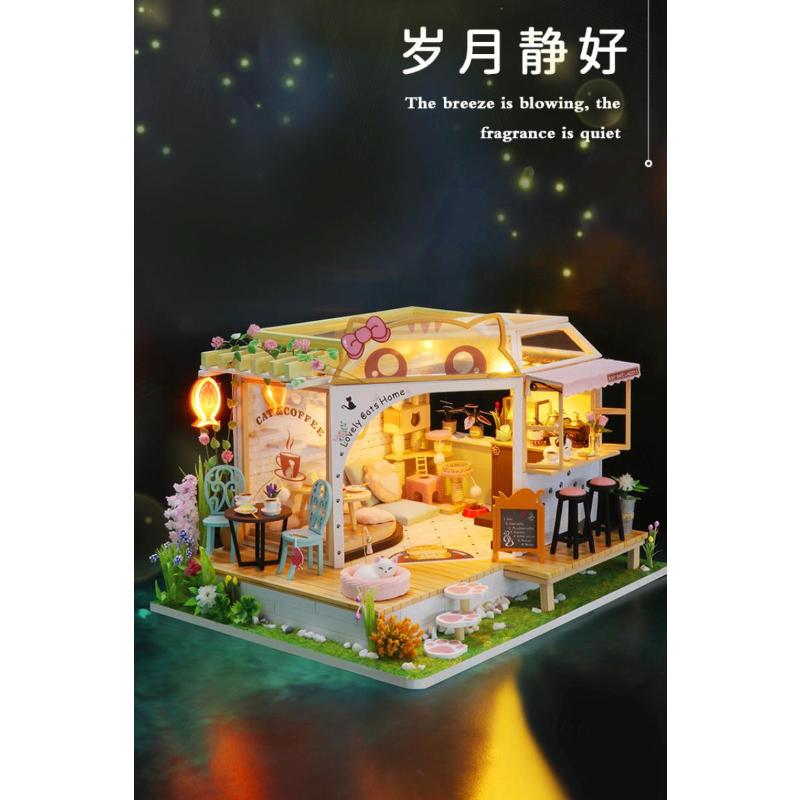 Lovely Cats Home Cat Cafe Store Dollhouse Wooden Diy Handmade Toys Hut 3D Assembled Puzzle Cat Cafe Small Garden Birthday Gifts for Children