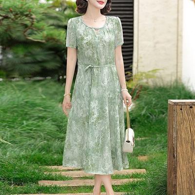Women's Middle Aged Light Green Floral Print Short Sleeve Dress