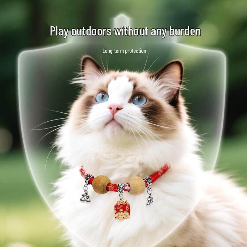 Camphor Wood Cat Collar with Bell and Longevity Lock - Pet Necklace Accessories