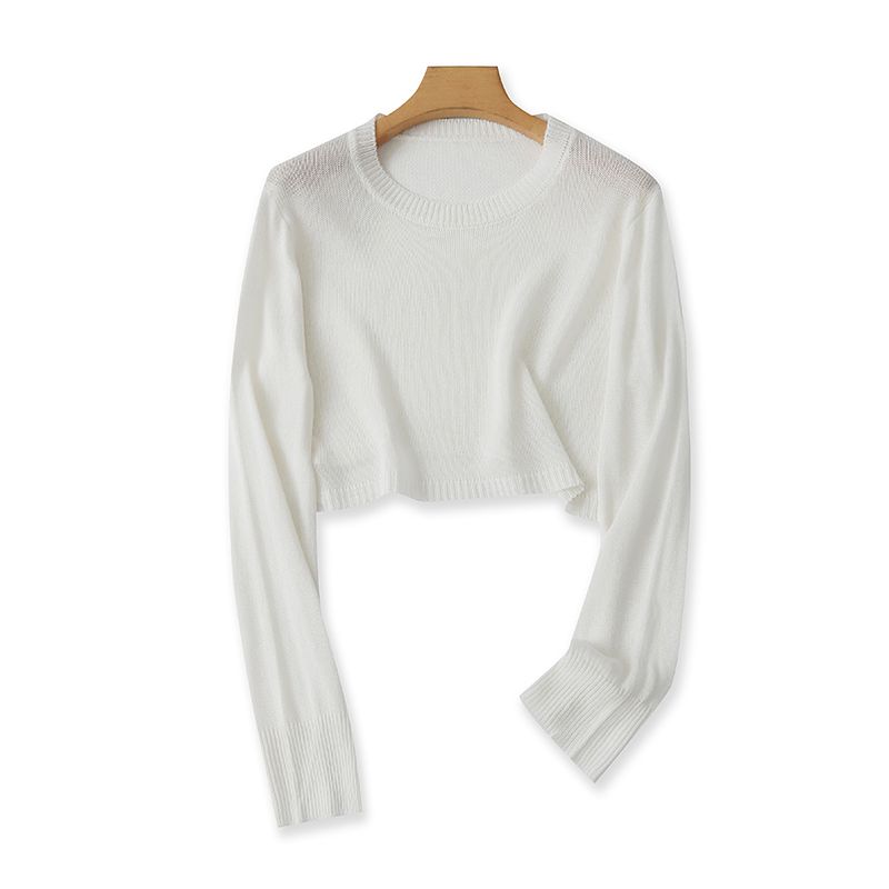 

Ice Linen Spring and Autumn Crop Top round Neck Top Long Sleeve Sweater White One size