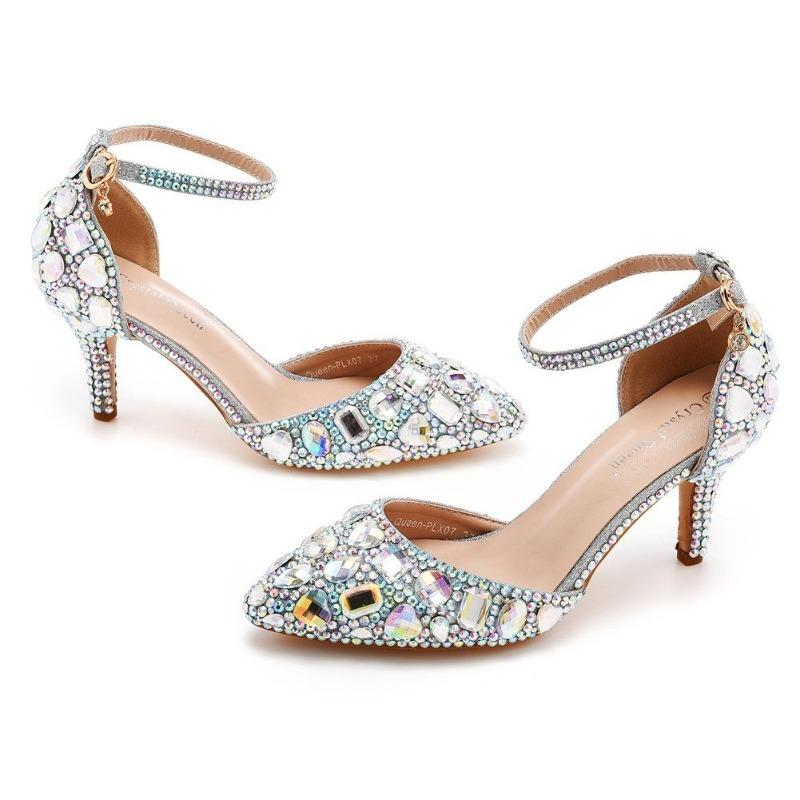 Sandales Grande Taille 7cm Talon Fin Bout Pointu Strass Sandales à Talons Hauts Strass Dorés Chaussures à Talons Hauts
