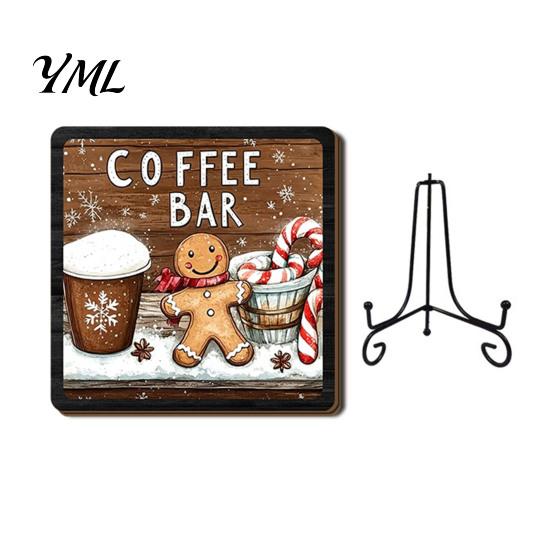 Christmas Pet Ornament Wooden Tabletop Decor, 2D Santa with Iron Stand, Rustic Wrought Display Stand Holiday Sign for Home And Cafe Festive