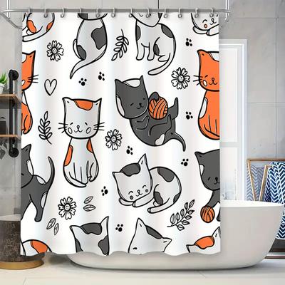 Kreatives Katzen Duschvorhang Set Badezimmer Deko mit Cartoon Design für Kinderzimmer oder Haustierliebhaber Geschenk Dekorationsideen (Weiß)