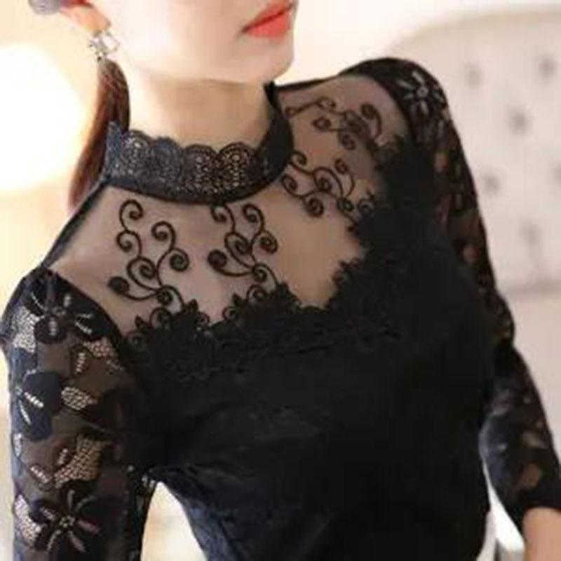 Lace Bottoming Shirt Women's Foreign Style Spring and Summer Plus Size Women's Chiffon Tops Slim Fit Stand-up Collar Hollow Shirts