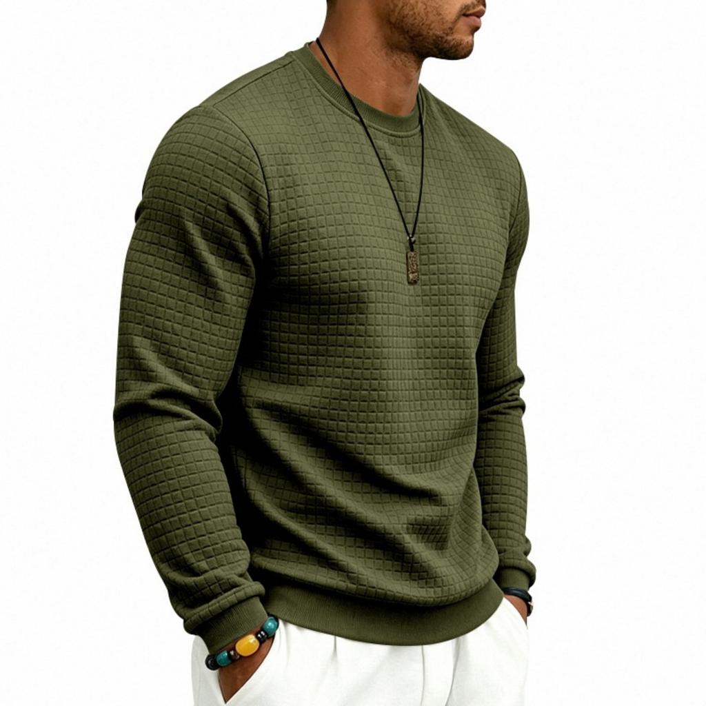 Men's Color Long Sleeve Sweatshirt, Neck, Loose Fit, Plaid Pattern Casual Pullover