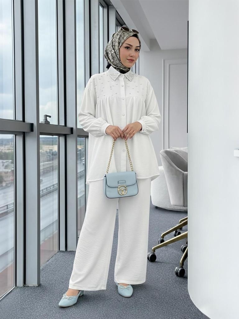 New Arrival: Beaded Long Sleeve Top & Wide Leg Pants Set - Muslim Women's Fashionable Casual Wear