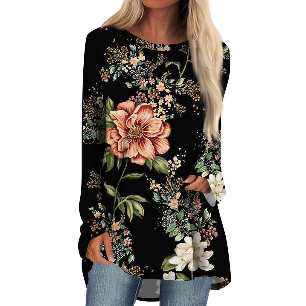 Women's Fashion Casual Long Sleeve  Print Round Neck Pullover Top Blouse