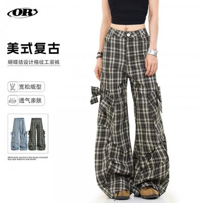 Pantalons Décontractés à Carreaux Vintage Oreeta à Jambes Larges Unisexes Coupe Droite Ample Pantalons Multi-Poches