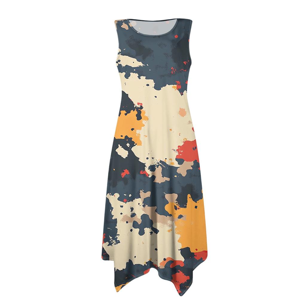 Women Casual Sleeveless Summer Dresses  Spring Crewneck Patchwork Boho Floral Ruffle Cocktail Party Midi Dress