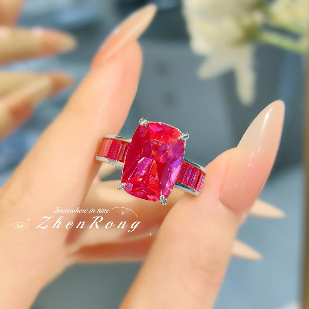 Vintage Open Ring Fat Rectangle Red Corundum Gradient High Carbon Blue Spinel Womens Jewelry