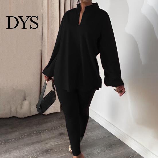 Loose T-shirt Set 2 Pcs/Set Women Top Pants Stand Collar Long Sleeve Split Hem Fall Clothing Blouse Elastic Waist Slim Fit Trousers Daily Wear Outfit