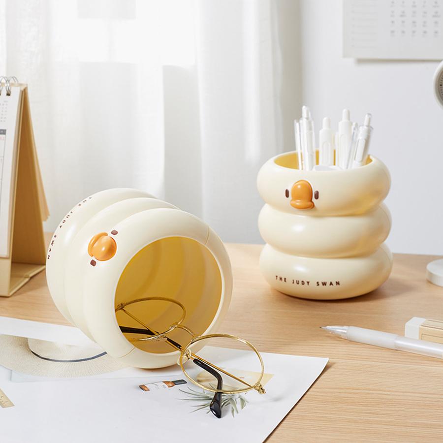 1pc Round Cartoon Duck Style Pen Container Large Capacity Stationery Storage Container for School Office Signature Pen Storage