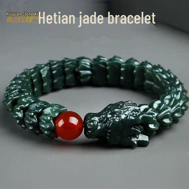 Prachtig Gesneden Jade Draak Armband: Natuurlijke Hetian Groene & Zwarte Schapenvet Jade met Inkt Jade Accenten