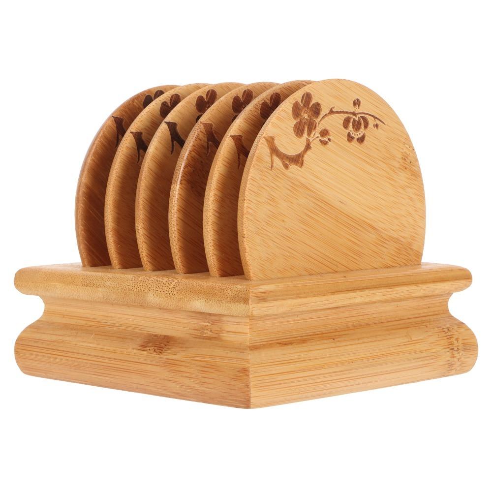 Vintage Plum Design Bamboo Coaster Set Bamboo Material Retro Design Heat Insulating Coaster With Rack Tea Cup Coasters