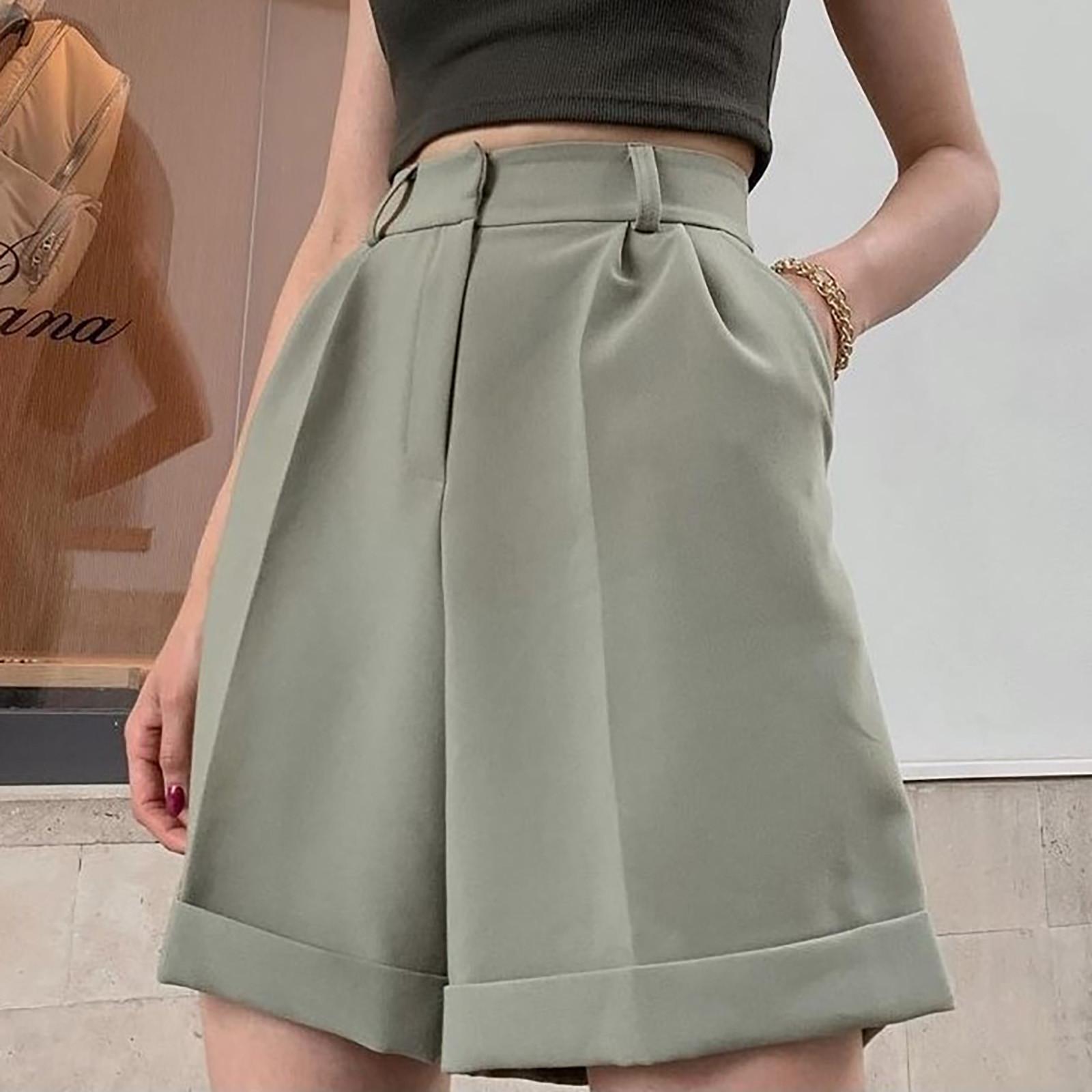 

Женские модные короткие костюмные брюки с манжетами и пуговицами, карман на молнии, однотонные шорты M зелёный