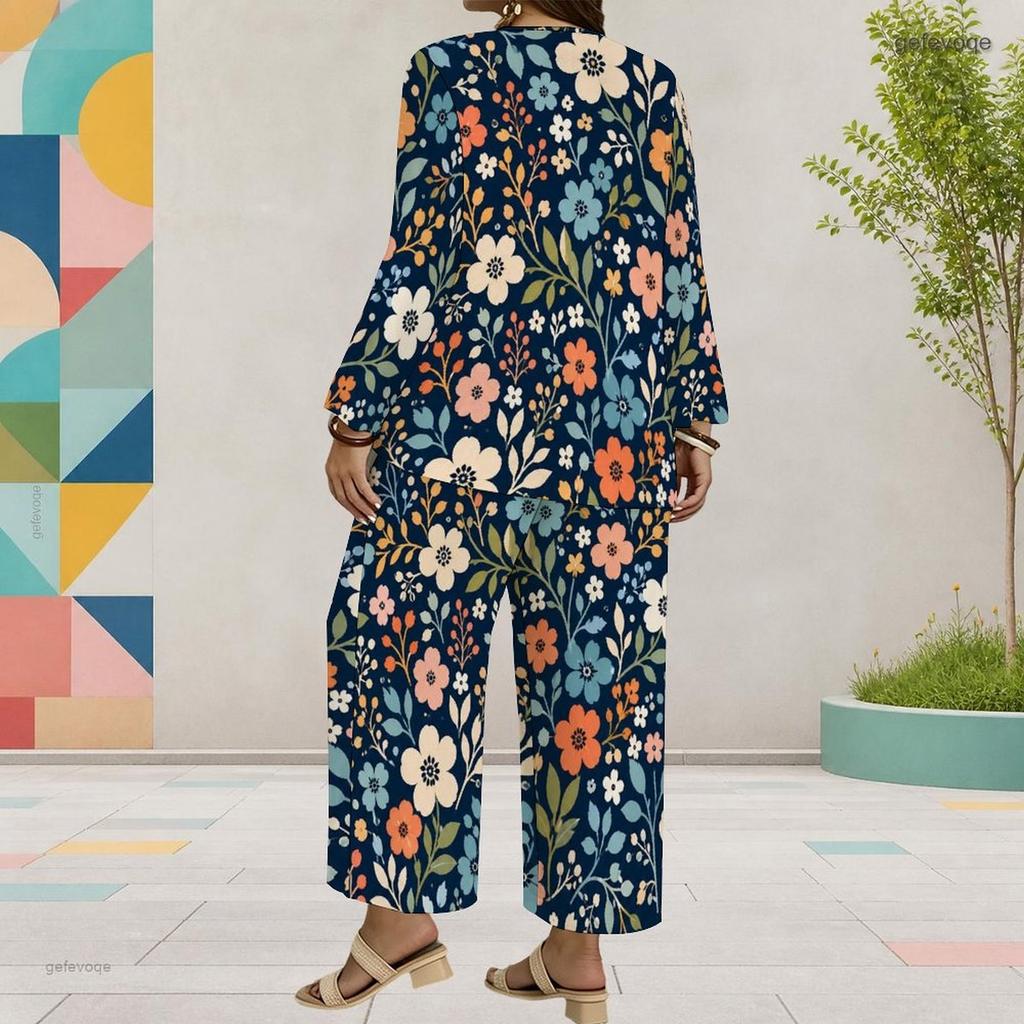Women Plus Size Round Neck Long Sleeve Floral Printed Layered Top Wide Leg Cropped Pants Two Piece Set