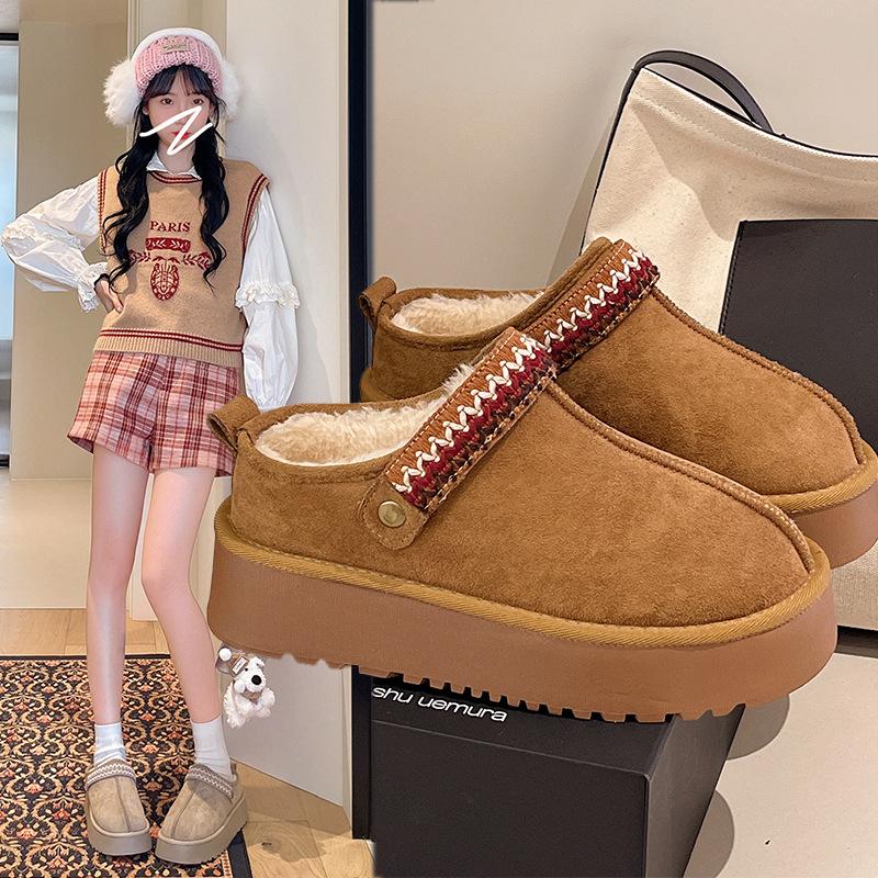 Thick-soled velvet snow boots, bag head, fluffy half slippers, women's outer wear 2025 new autumn and winter one-pedal cotton slippers