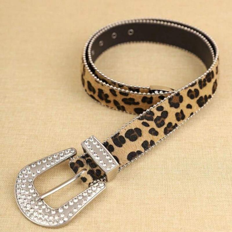 Women  Solid /Leopard Print Studded  Belt Pu Leather Bling  Adjustable Glitter Waistband For Club Party
